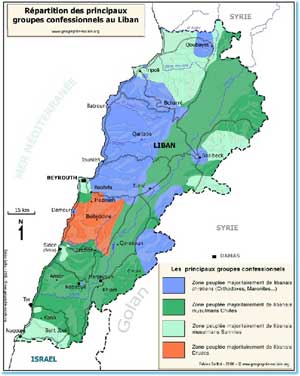 Carte de répartition et de localisation des principaux groupes confessionnels au Liban