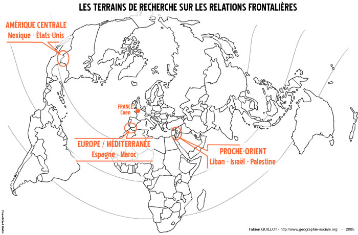 Frontières : Carte de localisation des terrains de recherches sur les relations frontalières (F. Guillot)